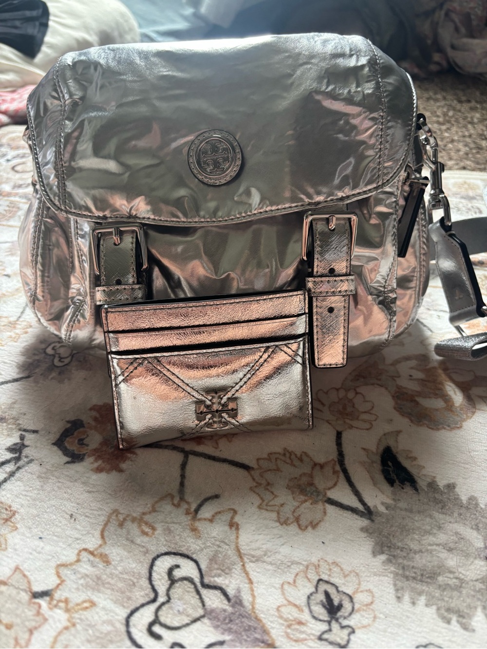 Tory Burch Metallic Silver Crossbody with Card Pocket